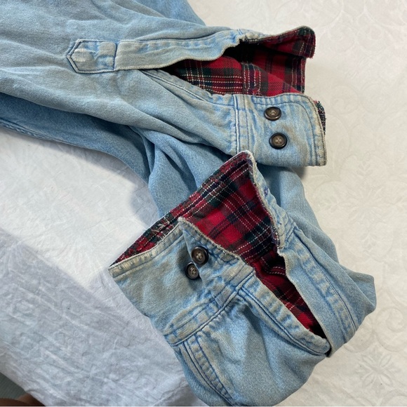 Vintage Flannel Lined Denim Button Up Jean Shirt Shacket Trails End Distressed L - Picture 8 of 11